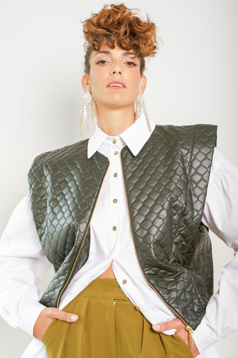 QUILTED OLIVE VEGAN LEATHER LOUISE VEST