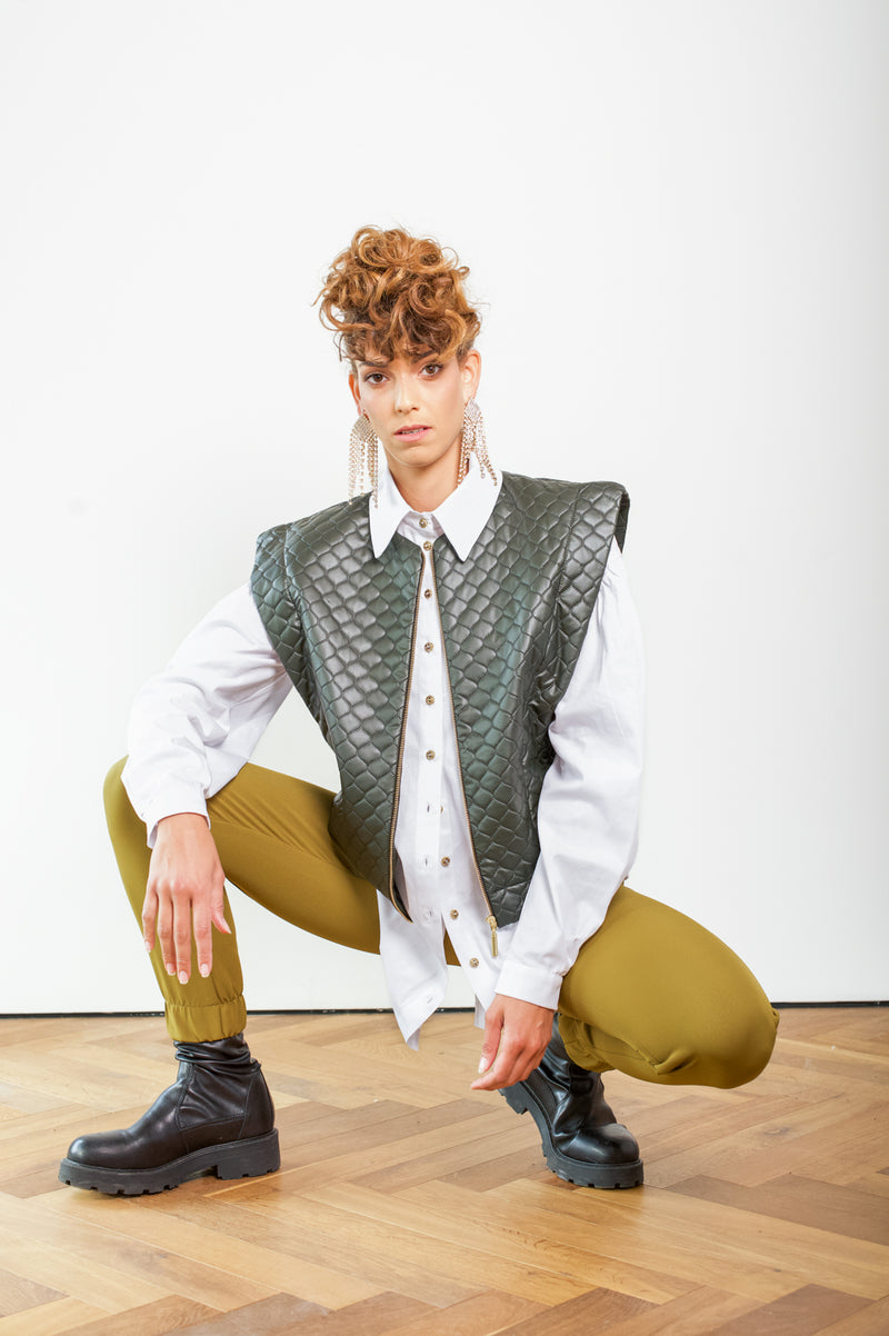 QUILTED OLIVE VEGAN LEATHER LOUISE VEST